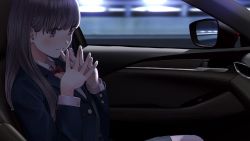 Rule 34 | 1girl, blazer, blue jacket, blurry, blurry background, blush, bow, bowtie, brown eyes, brown hair, car, car interior, chikuwa (odennabe), closed mouth, collared shirt, highres, interlocked fingers, jacket, long hair, long sleeves, motor vehicle, original, own hands together, plaid, plaid skirt, red bow, red bowtie, school uniform, shirt, sitting, skirt, smile, solo, white shirt