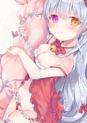 Rule 34 | 1girl, absurdres, ame usari, babydoll, bare arms, bare shoulders, bell, blush, bow, bowtie, breasts, brown eyes, cat tail, cleavage, closed mouth, frilled panties, frills, hair between eyes, heterochromia, highres, jingle bell, long hair, medium breasts, neck bell, hugging object, original, panties, pillow, pillow hug, purple eyes, red bow, red bowtie, red panties, red ribbon, ribbon, silver hair, simple background, smile, solo, strap slip, tail, tail ornament, tail ribbon, underwear, underwear only, very long hair, white background