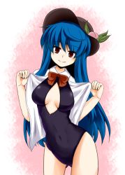 Rule 34 | 1girl, alternate costume, bad id, bad pixiv id, bare legs, bare shoulders, blue hair, breasts, cleavage cutout, clothing cutout, food, front zipper swimsuit, fruit, gradient background, groin, hinanawi tenshi, large hat, long hair, looking at viewer, meme attire, one-piece swimsuit, open clothes, peach, pink background, red eyes, smile, solo, swimsuit, touhou, zetsumame