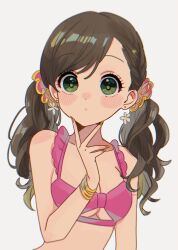 Rule 34 | 1girl, bare shoulders, bikini, breasts, brown hair, cleavage, closed mouth, collarbone, dot nose, earrings, etou misaki (idolmaster), flower earrings, green eyes, grey background, hand up, highres, idolmaster, idolmaster cinderella girls, idolmaster cinderella girls starlight stage, jewelry, long hair, looking at viewer, low twintails, medium breasts, nail polish, pink bikini, simple background, solo, sukoyaka (100hituzi), swimsuit, twintails, underboob, upper body, yellow nails