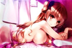 Rule 34 | 1girl, afterglow, aquaplus (company), blanket, breasts, brown eyes, brown hair, condom, condom packet strip, condom wrapper, hair ribbon, highres, large breasts, long image, lying, misaki kurehito, nipples, ogata rina, on stomach, ribbon, sideboob, solo, sweat, white album, white album (series), wide image