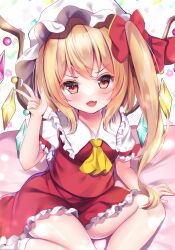Rule 34 | 1girl, ascot, blonde hair, crystal, fang, flandre scarlet, frills, hat, hat ribbon, highres, mob cap, multicolored wings, one side up, red eyes, red skirt, red vest, ribbon, shirotsuki shirone, skin fang, skirt, skirt set, touhou, vest, wings, yellow ascot