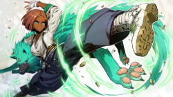 Rule 34 | 1girl, 1other, baggy pants, blue eyes, boots, breasts, commentary, dark-skinned female, dark skin, english commentary, facial mark, forehead mark, giovanna (guilty gear), green fur, guilty gear, guilty gear strive, high-waist pants, highres, higuchi konomi, kicking, medium breasts, official art, pants, partially unbuttoned, pink hair, police badge, rei (guilty gear), second-party source, short hair, solo focus, suspenders, white footwear, wolf