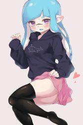 Rule 34 | 1girl, black thighhighs, blue hair, blue hoodie, blue tongue, blush, clothes lift, colored tongue, commentary, grey background, heart, highres, hood, hood down, hoodie, inkling, inkling girl, inkling player character, lifting own clothes, long hair, long sleeves, looking at viewer, lying, miniskirt, nintendo, on side, open mouth, penguin maru (penginmaru), pink skirt, pointy ears, print hoodie, purple eyes, simple background, skirt, skirt lift, smile, solo, splatoon (series), tentacle hair, thighhighs, thighs, twintails