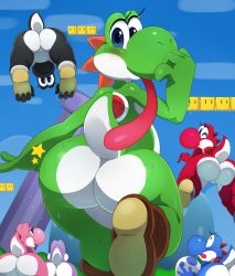 Rule 34 | androgynous, ass, blue eyes, blush, eric lowery, gender request, half-closed eyes, highres, huge ass, long tongue, mario (series), nintendo, no humans, outdoors, shoes, super mario bros. 1, tail, tongue, tongue out, wide hips, wink, yoshi