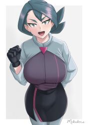Rule 34 | 1girl, :d, black gloves, black skirt, border, breasts, clenched hand, commentary, creatures (company), cropped jacket, eyelashes, game freak, gloves, green hair, grey background, grey eyes, grey jacket, grey pantyhose, hand up, highres, jacket, large breasts, long hair, long sleeves, looking at viewer, mekakris, nintendo, onia (pokemon), open mouth, pantyhose, pokemon, pokemon (anime), pokemon horizons, purple shirt, shirt, signature, skirt, smile, solo, teeth, tongue, upper teeth only, white border