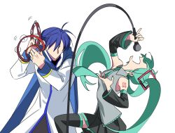 Rule 34 | 1boy, 1girl, aqua hair, aqua nails, black footwear, black skirt, black sleeves, blue hair, blue scarf, boots, coat, detached sleeves, faceless, grey shirt, hatsune miku, highres, holding, holding microphone, instrument, kaimiku yummy, kaito (vocaloid), long hair, long sleeves, microphone, microphone cord, music, open mouth, scarf, shirt, simple background, singing, skirt, tambourine, thigh boots, twintails, very long hair, vocaloid, white background, white coat