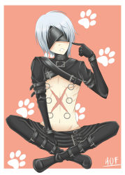 Rule 34 | 1boy, bdsm, bondage, bound, covered eyes, highres, kau, male focus, open mouth, piercing, pink background, scar, sitting, solo, togainu no chi, white hair