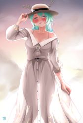 Rule 34 | 1girl, :d, antlers, bare shoulders, belt, blush, breasts, ceres fauna, cleavage, dress, earrings, finalcake, flower, green hair, hair flower, hair ornament, hat, highres, hololive, hololive english, horns, jewelry, long hair, looking at viewer, open mouth, smile, solo, sundress, virtual youtuber, white dress, yellow eyes