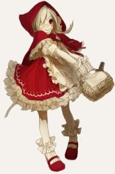 Rule 34 | 1girl, bad id, bad pixiv id, basket, cloak, dress, eyepatch, frills, gloves, little red riding hood, little red riding hood (grimm), long hair, mary janes, miki bokaro, red eyes, shoes, smile, solo, standing, white hair