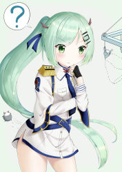 Rule 34 | 1girl, ?, absurdres, an shan (azur lane), azur lane, belt, blush, clothes theft, commentary request, fingerless gloves, gloves, green eyes, green hair, hair ornament, hairclip, highres, long hair, makihige, military, military uniform, necktie, ponytail, simple background, theft, underwear, underwear theft, uniform