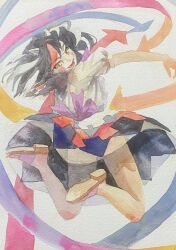 Rule 34 | 1girl, back bow, black hair, black skirt, bow, brown eyes, cone horns, fangs, from behind, full body, grey horns, head tilt, highres, horns, kijin seija, legs up, looking at viewer, looking back, misawa hiroshi, multicolored hair, no socks, one-hour drawing challenge, open mouth, painting (medium), puffy short sleeves, puffy sleeves, purple bow, red hair, sandals, shirt, shoe soles, short sleeves, skirt, solo, streaked hair, touhou, traditional media, watercolor (medium), white shirt