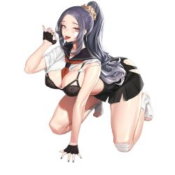 Rule 34 | 1girl, axoo, bandaid, bandaid on face, bandaid on knee, bandaid on leg, bare legs, black bra, black gloves, black skirt, blue eyes, blush, bra, breasts, breath, candy, cleavage, cropped shirt, delinquent, fellatio gesture, fingerless gloves, floral print, food, food in mouth, full body, gloves, grey hair, grey nails, hair ornament, hair scrunchie, half gloves, hand on ground, high ponytail, highres, kneeling, lace, lace bra, large breasts, last origin, lollipop, long hair, looking at viewer, microskirt, nail polish, neckerchief, neckerchief between breasts, official alternate costume, official art, open mouth, pleated skirt, red neckerchief, saliva, saliva trail, school uniform, scrunchie, serafuku, shirt, short sleeves, sidelocks, simple background, skirt, socks, solo, spread legs, sukeban, tachi-e, teeth, third-party source, toenail polish, toenails, tongue, tongue out, torn clothes, torn shirt, torn skirt, torn socks, transparent background, underwear, upper teeth only, war wolf (last origin), white serafuku, white socks, yellow scrunchie