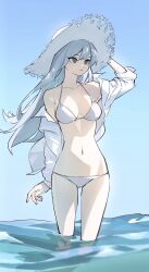Rule 34 | 1girl, bikini, blue background, blue hair, breasts, brown eyes, cleavage, collarbone, commentary, dappled sunlight, floating hair, hair between eyes, hand on headwear, hat, highres, kimura 731, light blue hair, light blush, long hair, looking ahead, medium breasts, navel, open clothes, open shirt, original, outdoors, pale skin, shirt, simple background, solo, stomach, straw hat, sunlight, swimsuit, symbol-only commentary, white bikini, white hat, white shirt