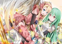 Rule 34 | 2girls, aqua eyes, armor, athena (p&amp;d), bad id, bad pixiv id, blonde hair, elbow gloves, gloves, green hair, hairband, long hair, minerva (p&amp;d), multiple girls, puzzle &amp; dragons, red eyes, shield, sword, tailam, weapon, wings