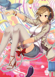 Rule 34 | 1girl, banana, blouse, bracelet, breasts, brown hair, character name, eggplant, food, fruit, headphones, high heels, holding, jewelry, large breasts, magister, meiko (vocaloid), microphone, miniskirt, open clothes, open shirt, open shoes, outstretched arm, popsicle, red eyes, shirt, shoes, short hair, skirt, smile, solo, spring onion, star (symbol), thighhighs, vocaloid, white thighhighs, zettai ryouiki