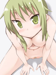 Rule 34 | 1girl, blush, breasts, cleft of venus, female focus, female pubic hair, from above, green eyes, green hair, ichii yui, looking at viewer, matching hair/eyes, medium breasts, navel, nipples, nude, pubic hair, pussy, sitting, solo, spread legs, thighs, toku sonchou, uncensored, yuyushiki