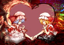 Rule 34 | 2girls, ascot, bat wings, blonde hair, blue hair, bow, commentary request, crystal, finger to mouth, flandre scarlet, from side, holding hands, hat, hat ribbon, heart, laevatein, looking at another, looking to the side, mob cap, multiple girls, parted lips, pointy ears, profile, puffy short sleeves, puffy sleeves, red bow, red eyes, red ribbon, remilia scarlet, ribbon, sakushou, short hair, short sleeves, siblings, side ponytail, sideways glance, sisters, spear the gungnir, touhou, upper body, wings