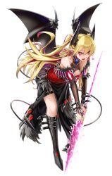 1girl black_footwear blonde_hair boots breasts cleavage cleavage_cutout clothing_cutout demon_girl demon_horns demon_tail dress duel_monster full_body harpoon highres horns lacrima_the_crimson_tears large_breasts leaning_forward looking_at_viewer nokia_(tshell2761) pelvic_curtain red_dress red_eyes runny_makeup smile solo strapless strapless_dress tail thighs white_background yu-gi-oh!