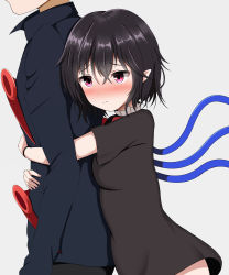 Rule 34 | 1boy, 1girl, absurdres, asymmetrical wings, black dress, black hair, blue wings, blush, bow, bowtie, breasts, cowboy shot, dress, grey background, guard vent jun, hair between eyes, highres, holding, houjuu nue, hug, light frown, medium breasts, nose blush, pink eyes, pointy ears, red bow, red wings, short dress, short hair, short sleeves, snake, solo focus, thighhighs, touhou, wings, wristband, zettai ryouiki