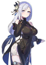 Rule 34 | 1girl, bare shoulders, black dress, blue bow, blush, bow, breasts, commentary request, covered navel, cowboy shot, detached sleeves, dress, genshin impact, grey eyes, hair bow, hand up, highres, large breasts, long hair, long sleeves, looking at viewer, revision, shenhe (frostflower dew) (genshin impact), shenhe (genshin impact), simple background, sleeveless, sleeveless dress, solo, standing, very long hair, white background, white hair, zenshin