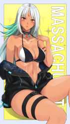 Rule 34 | 1girl, arm strap, arm support, azur lane, bare shoulders, bikini, bikini top only, black bikini, black choker, black jacket, body markings, breasts, buckle, character name, choker, cleavage, collarbone, commentary request, cowboy shot, dark-skinned female, dark skin, eyebrows hidden by hair, facial mark, feather hair ornament, feathers, forehead mark, hair ornament, highres, hood, hooded jacket, jacket, jewelry, large breasts, long hair, long sleeves, looking at viewer, massachusetts (azur lane), midriff, nail polish, native american, navel, off-shoulder jacket, off shoulder, parted lips, partially unzipped, red eyes, shadow, sidelocks, silver hair, simple background, sitting, skindentation, snap-fit buckle, solo, sparkle, strap pull, swimsuit, thigh strap, white nails, yellow background, yone-chan (kuwm5222)
