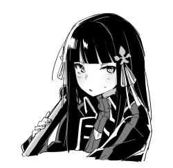 Rule 34 | 1girl, black hair, blunt bangs, cleavage cutout, clothing cutout, commentary, english commentary, hair ornament, holding, izumi-no-kami kanesada (tenka hyakken), jacket, long hair, long sleeves, looking at viewer, monochrome, open clothes, open jacket, parted lips, raigou, solo, sweatdrop, sweater, tenka hyakken, upper body