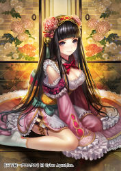 Rule 34 | &gt;:), 1girl, bare shoulders, black hair, blunt bangs, bow, bowtie, breasts, cleavage, dagger, detached sleeves, floral print, flower, frills, highres, holster, japanese clothes, knife, long hair, long sleeves, on floor, original, red bow, red bowtie, ribbon, sheath, sheathed, sitting, skindentation, sliding doors, smile, solo, tenka touitsu chronicle, terai (teraimorimori), thigh holster, thigh strap, thighs, v-shaped eyebrows, very long hair, wariza, weapon, wide sleeves