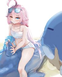 Rule 34 | 1girl, absurdres, ahoge, beach, bikini, blue archive, blue eyes, eyewear on head, hair bobbles, hair ornament, heterochromia, highres, hoshino (blue archive), hoshino (swimsuit) (blue archive), inflatable toy, inflatable whale, low twintails, pink hair, self-upload, sitting, sitting on object, sstthei, sunglasses, swimsuit, twintails, white bikini, yellow eyes