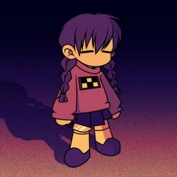 Rule 34 | braid, chibi, closed eyes, commentary, cryptidhermit, english commentary, full body, gradient background, hair between eyes, holding, holding knife, knife, limited palette, long sleeves, madotsuki, no mouth, pink sweater, purple footwear, purple hair, purple skirt, shadow, skirt, socks, solo, standing, sweater, twin braids, white socks, yume nikki