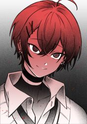 Rule 34 | 1boy, @ @, ahoge, bishounen, black choker, blood, blood splatter, choker, collared shirt, earrings, facing viewer, gradient background, gradient hair, hair between eyes, hairpin, holostars, holostars english, jewelry, looking at viewer, machina x flayon, machina x flayon (2nd costume), male focus, mismatched pupils, multicolored hair, multiple earrings, multiple hairpins, pnkbm 030, portrait, red hair, shirt, short hair, simple background, smile, solo, virtual youtuber