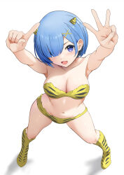 Rule 34 | 1girl, :d, absurdres, alternate costume, animal print, arms up, bare arms, blue eyes, blue hair, blush, boots, bra, breasts, cleavage, collarbone, commentary, curvy, demon horns, eyelashes, foreshortening, from above, full body, gibun (sozoshu), hair ornament, hair over one eye, happy, highres, horns, index finger raised, large breasts, looking at viewer, milestone celebration, navel, open mouth, re:zero kara hajimeru isekai seikatsu, rem (re:zero), shiny skin, short hair, simple background, smile, solo, standing, thighs, tiger print, underwear, upturned eyes, v-shaped eyebrows, w, white background, x hair ornament, yellow bra, yellow footwear, yellow pupils