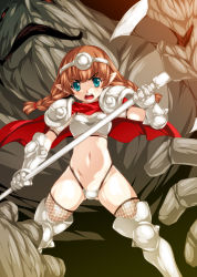 Rule 34 | 1girl, aqua eyes, armor, axe, bikini armor, blue eyes, blush, boots, braid, breasts, brown hair, cape, capelet, circlet, crotch plate, dwarf, fishnet thighhighs, fishnets, gauntlets, groin, holding, holding weapon, long hair, looking at viewer, midriff, monster, navel, open mouth, original, pauldrons, pointy ears, shoulder armor, small breasts, smash daisaku, solo focus, spread legs, standing, teeth, thigh boots, thighhighs, thighs, thong, twin braids, warrior, weapon