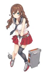 Rule 34 | 10s, 1girl, asymmetrical legwear, black thighhighs, blue eyes, blush, boots, braid, breasts, brown hair, cleavage, covering privates, covering crotch, garter straps, gloves, jpeg artifacts, kantai collection, large breasts, long hair, machinery, midriff, miniskirt, necktie, noshiro (kancolle), pleated skirt, school uniform, serafuku, short hair, simple background, single thighhigh, skirt, solo, takayaki, thighhighs, twin braids, uneven legwear, v arms, white background, white gloves