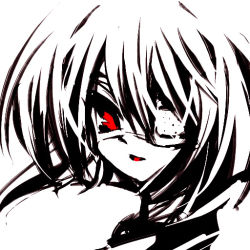 Rule 34 | 00s, 1girl, bad id, bad pixiv id, ef (visual novel), eyepatch, fume (artist), hair between eyes, monochrome, red eyes, shindou chihiro, short hair, simple background, solo, spot color, white background