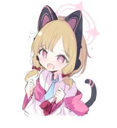 Rule 34 | 1girl, :d, animal ear headphones, animal ears, blonde hair, blue archive, blue necktie, bow, cat ear headphones, cat tail, collared shirt, fake animal ears, fang, hair bow, halo, headphones, hood, hooded jacket, jacket, kyuukon (qkonsan), momoi (blue archive), multicolored clothes, multicolored jacket, necktie, off shoulder, open mouth, parted bangs, pink eyes, red bow, red ribbon, ribbon, shirt, simple background, smile, solo, suspenders, tail, white background, white jacket, wide sleeves