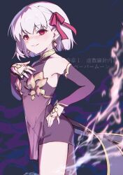 1girl earrings fate/grand_order fate_(series) grey_hair hair_ribbon hand_on_own_chest hand_on_own_hip highres jewelry kama_(fate) kama_(first_ascension)_(fate) looking_at_viewer purple_shorts red_eyes ribbon rullep short_hair shorts smile