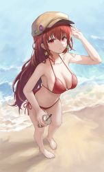 Rule 34 | 1girl, bare shoulders, barefoot, beach, bikini, blush, breasts, cleavage, collarbone, commission, cup, earrings, full body, halterneck, hat, highres, indie virtual youtuber, jewelry, large breasts, long hair, looking at viewer, parted lips, red bikini, red eyes, red hair, sauvignon, shore, side-tie bikini bottom, skeb commission, smile, solo, swimsuit, virtual youtuber