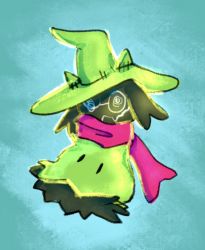 Rule 34 | @ @, blue background, commentary, cosplay, creatures (company), crossover, deltarune, english commentary, full body, game freak, gen 7 pokemon, gravity-rocks, green hat, hat, highres, mimikyu, nintendo, no humans, pink scarf, pokemon, pokemon (creature), ralsei, ralsei (cosplay), scarf, simple background, solo, wavy mouth