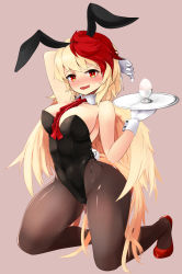 Rule 34 | 1girl, animal ears, bare shoulders, between breasts, bird wings, black leotard, black pantyhose, blonde hair, blush, breasts, detached collar, egg, fake animal ears, full body, gloves, highres, holding, kneeling, large breasts, leotard, looking at viewer, multicolored hair, nama shirasu, niwatari kutaka, nose blush, pantyhose, playboy bunny, rabbit ears, rabbit tail, red eyes, red footwear, red hair, red neckwear, shoes, simple background, smile, solo, sweat, tail, touhou, tray, two-tone hair, white gloves, wings, wrist cuffs