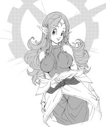 Rule 34 | 1girl, bare shoulders, breasts, chronoa, circlet, dragon ball, dragon ball heroes, dragon ball xenoverse, earrings, fenyon, highres, jewelry, large breasts, long hair, looking at viewer, monochrome, pointy ears, potara earrings, simple background, smile, solo, time patrol (dragon ball), toriyama akira (style)