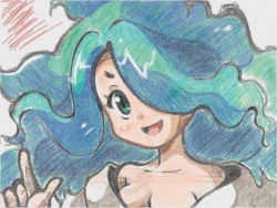 Rule 34 | 10s, 1girl, :d, aoino (piximiso), bad id, bad pixiv id, bare shoulders, blush, breasts, enraenra (youkai watch), faux traditional media, green eyes, green hair, hair over one eye, japanese clothes, kimono, long hair, off shoulder, open mouth, smile, solo, upper body, traditional youkai, youkai watch