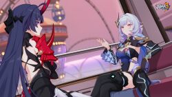 Rule 34 | 2girls, amusement park, arm support, armor, back, black gloves, black thighhighs, blue hair, breasts, chinese commentary, cleavage, crossed arms, crossed legs, ferris wheel interior, gloves, herrscher of corruption, highres, honkai (series), honkai impact 3rd, horns, japanese armor, japanese clothes, large breasts, long hair, looking at another, multiple girls, official alternate costume, official art, official wallpaper, parted lips, pointy ears, purple eyes, raiden mei, raiden mei (herrscher of thunder), red horns, single glove, sitting, talking, thighhighs, upper body, very long hair