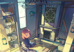 Rule 34 | 1girl, blue eyes, book, bookshelf, brown hair, capelet, chair, chandelier, cjl6y5r, cup, fireplace, from above, from behind, indoors, jar, lantern, looking at viewer, looking back, looking up, original, oweee, pitcher (container), plant, plate, pot, potted plant, revision, sitting, sleeves past wrists, solo, swept bangs, table, watering can, window, wood