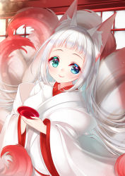 Rule 34 | 1girl, animal ear fluff, animal ears, aqua eyes, blue eyes, blurry, blurry background, closed mouth, commentary request, cup, depth of field, fox ears, fox girl, fox tail, heterochromia, highres, holding, japanese clothes, kimono, kitsune, long hair, long sleeves, looking at viewer, miko, mirai (happy-floral), original, sakazuki, shiromuku, smile, solo, tail, uchikake, very long hair, white hair, white kimono, wide sleeves