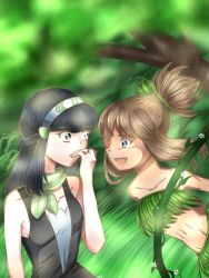Rule 34 | 2girls, arm at side, armpits, arms at sides, artist request, barefoot, black hair, blue eyes, brown hair, child, collarbone, creatures (company), dawn (pokemon), eyelashes, fangs, feet, female focus, fingernails, flat chest, friends, game freak, gen 3 pokemon, grass skirt, grey eyes, hand up, happy, high ponytail, jewelry, leaf bikini, leaning on person, legs, looking at another, may (pokemon), medium hair, midriff, multiple girls, nature, navel, neck, nintendo, no bra, no panties, open mouth, outdoors, plant, pokemon, pokemon adventures, ponytail, profile, ring, sharp fingernails, short ponytail, shy, side bangs, sidelocks, standing, swinging, upper body, vines