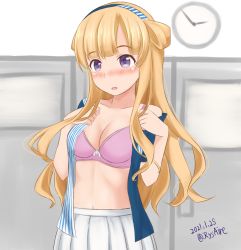 Rule 34 | 1girl, ame-san, blonde hair, blush, bra, breasts, cleavage, clock, collarbone, dated, fletcher (kancolle), hairband, highres, kantai collection, lawson, looking at viewer, medium breasts, navel, open clothes, open mouth, pink bra, pleated skirt, purple eyes, skirt, twitter username, underwear, white skirt