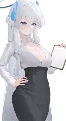 1girl absurdres alternate_costume black_skirt blue_archive blush breasts cleavage clipboard closed_mouth collared_shirt commentary foforo grey_hair halo hand_on_own_hip highres holding holding_clipboard large_breasts long_hair long_sleeves looking_down looking_to_the_side mechanical_halo noa_(blue_archive) office_lady pencil_skirt purple_eyes shirt shirt_tucked_in simple_background skirt smile solo very_long_hair white_background white_shirt
