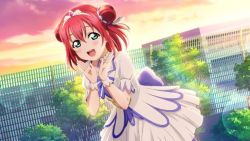 Rule 34 | 1girl, alternate hairstyle, aqua eyes, artist name, artist request, back bow, blush, bow, brightest melody, cloud, collarbone, day, double bun, dress, female focus, frilled dress, frills, green eyes, hair between eyes, hair bun, jewelry, kurosawa ruby, looking at viewer, love live!, love live! sunshine!!, orange sky, outdoors, parted lips, puffy short sleeves, puffy sleeves, purple bow, red hair, short hair, short sleeves, skirt, sky, smile, solo, sunset, tiara, white detached collar, white dress, white skirt, white wrist cuffs, wrist cuffs