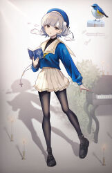 Rule 34 | 1girl, absurdres, beret, black footwear, black pantyhose, blue headwear, blue shirt, book, brown eyes, candle, commentary request, english text, full body, grey hair, hat, highres, holding, holding book, instrument, long sleeves, looking at viewer, mole, mole under eye, neckerchief, open mouth, original, pantyhose, piano, pleated skirt, puffy sleeves, reference inset, sailor collar, school uniform, serafuku, shadow, shirt, short hair, skirt, solo, umeume (totoya), white sailor collar, white skirt, yellow neckerchief